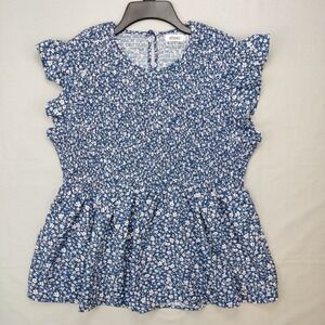 Missky Top Women 2XL Blue Floral Smocked Peplum Ruffle Sleeve Ditsy Print Blouse